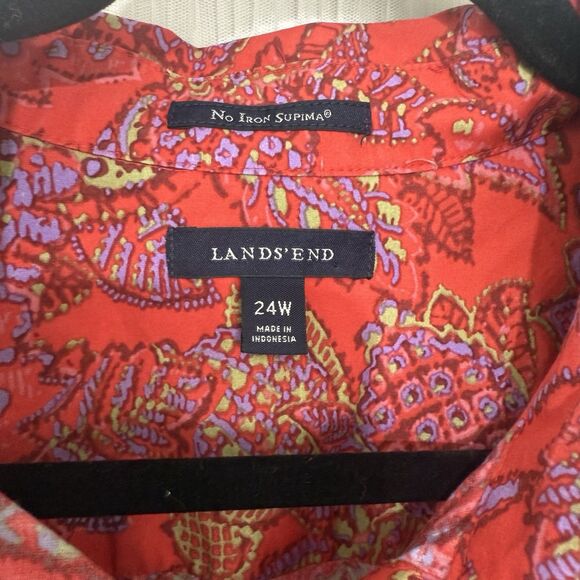 Lands End Long Sleeve Button Up 24W Red Paisley Supima Cotton No Iron Preppy - Picture 3 of 5